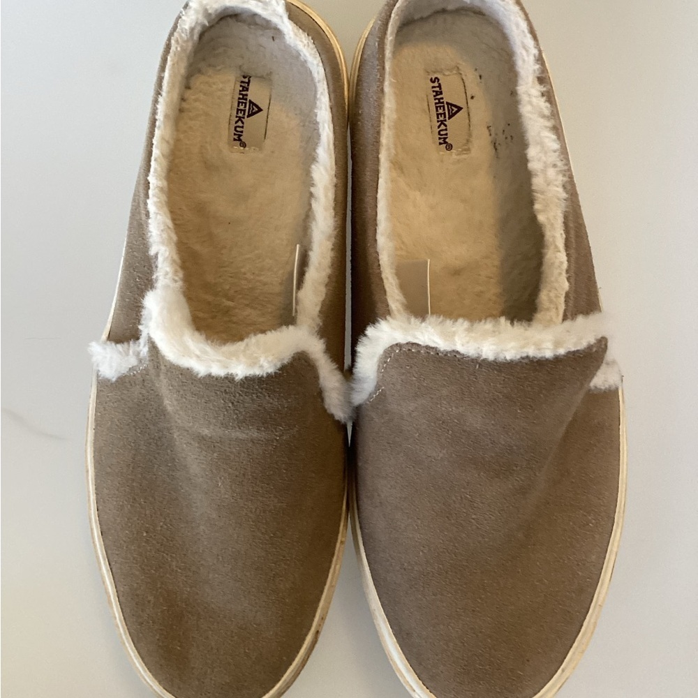 Staheekum Women's Camp Mule Sneaker Genuine Leather Fur Suede Slip On STONE-SZ 8
